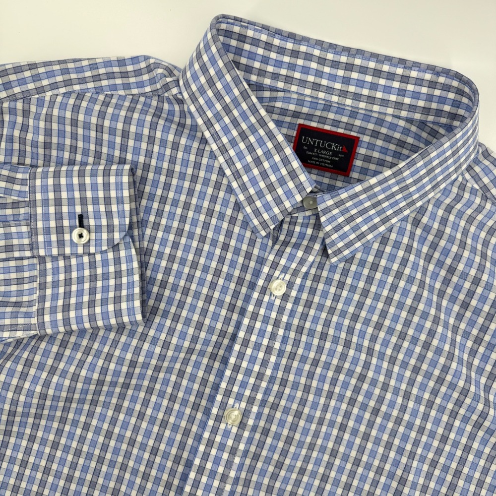 UNTUCKit Men's XL Blue White Gingham Check Slim Fit Cotton Button Up Shirt‎